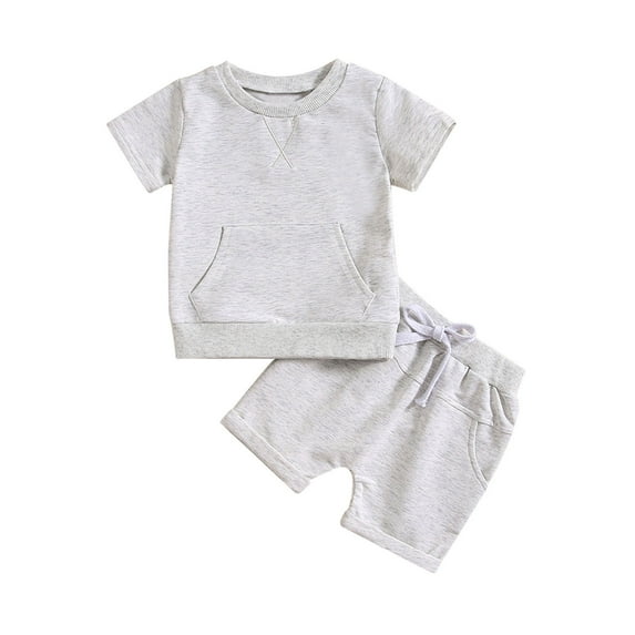 AJTQTH Summer 2PC Set for Baby Girls Boys Unisex Solid Color Tees Crewneck Short-Sleeved Tops Tshirts+Drawstring Cotton Shorts with Pockets for Home Outdoor School Gray 0 Months
