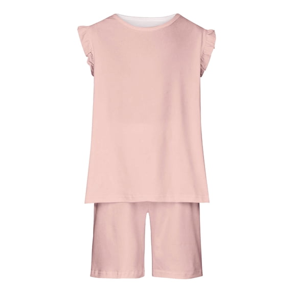 AJTQTH Summer 2PC Set for Girls Round Neck Flutter Sleeve Tshirts Solid Color Tees Tops+Elastic-Waisted Shorts with Pockets Loose Fit Cozy Outfits Pink 5-6 Years