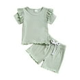 thumbnail image 1 of AJTQTH Summer 2PC Set for Girls Toddler Baby Cotton Ruffled Short Sleeve Round Neck Tops Drawstring Straight Short Pants Casual Loose Fit Outfits Mint Green 6 Months, 1 of 8