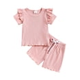 thumbnail image 1 of AJTQTH Summer 2PC Set for Girls Toddler Baby Cotton Ruffled Short Sleeve Round Neck Tops Drawstring Straight Short Pants Casual Loose Fit Outfits Pink 3 Years, 1 of 8
