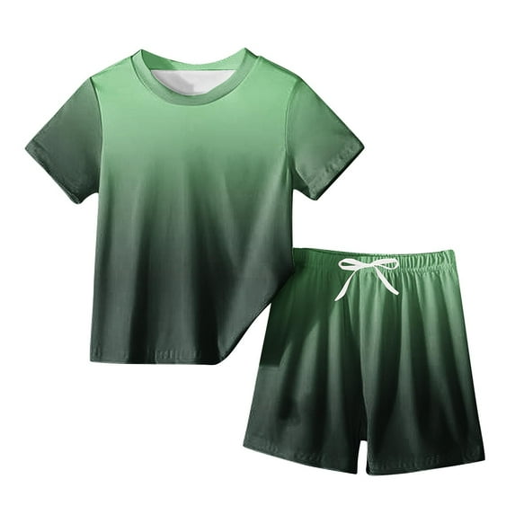 AJTQTH Summer 2PC Set for Kids Toddler Unisex Gradient Printed Clothes Crewneck Short-Sleeved Tops Tees Tshirts+Drawstring Straight Shorts Trunks Green 13 Years