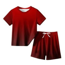 AJTQTH Summer 2PC Set for Kids Toddler Unisex Gradient Printed Clothes Crewneck Short-Sleeved Tops Tees Tshirts Drawstring Straight Shorts Trunks Red 5 Years