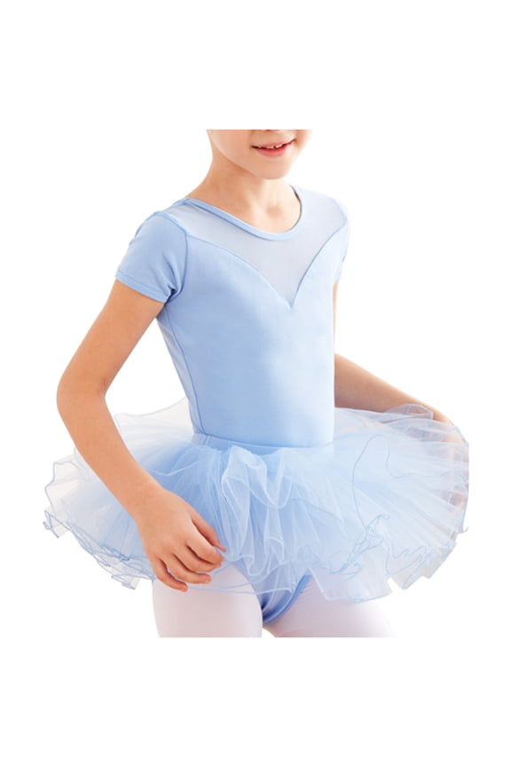 Summer Ballet Dancewear for Girls Comfy Lightweight Breathable Training Clothes Scoop Neck Short-Sleeved Slim Mesh Layered Ruffles Rompers Blue 3-4 Years