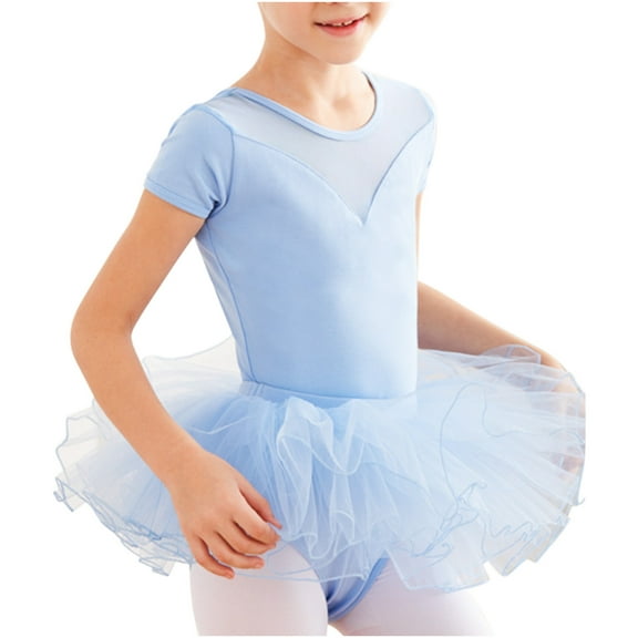 AJTQTH Summer Ballet Dancewear for Girls Comfy Lightweight Breathable Training Clothes Scoop Neck Short-Sleeved Slim Mesh Layered Ruffles Rompers Blue 6-7 Years