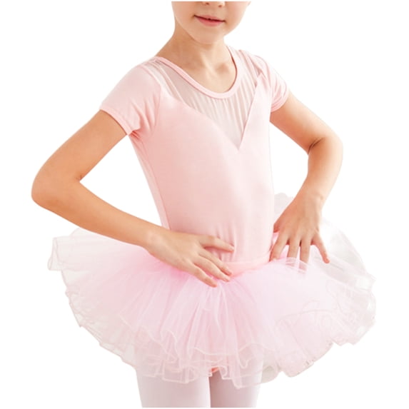 AJTQTH Summer Ballet Dancewear for Girls Comfy Lightweight Breathable Training Clothes Scoop Neck Short-Sleeved Slim Mesh Layered Ruffles Rompers Pink 4-5 Years