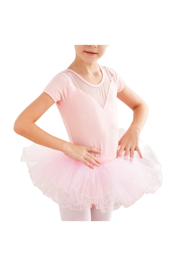 Summer Ballet Dancewear for Girls Comfy Lightweight Breathable Training Clothes Scoop Neck Short-Sleeved Slim Mesh Layered Ruffles Rompers Pink 6-7 Years