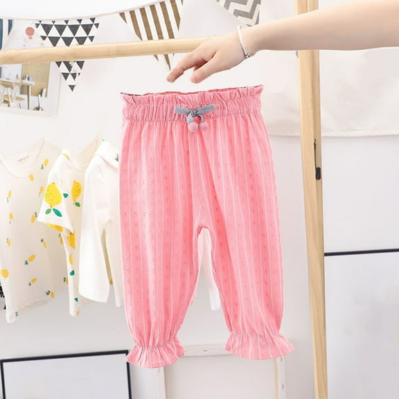 AJTQTH Summer Casual Pants for Girls Toddler Kids Cute Cartoon Drawstring Wide-Leg Loose Trousers Ruffles Lightweight Comfy Full Length Pants for Home School Pink 4Y
