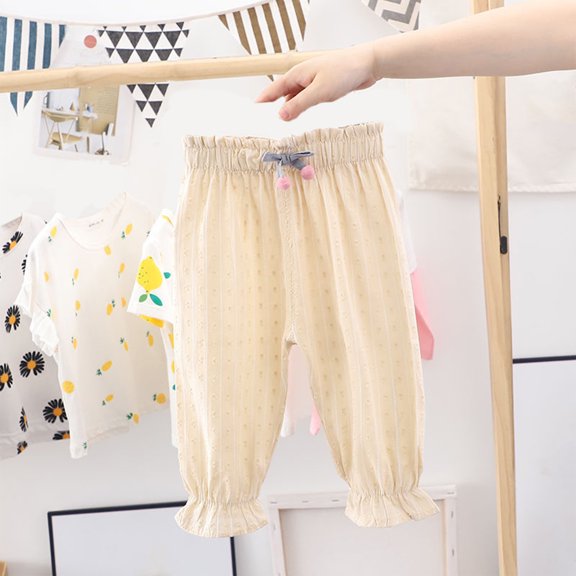 AJTQTH Summer Casual Pants for Girls Toddler Kids Cute Cartoon Drawstring Wide-Leg Loose Trousers Ruffles Lightweight Comfy Full Length Pants for Home School Yellow 1Y