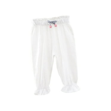 AJTQTH Summer Casual Pants for Girls Toddler Kids Cute Cartoon Drawstring Wide-Leg Loose Trousers Ruffles Lightweight Comfy Full Length Pants for Home School White 4Y