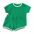 thumbnail image 1 of AJTQTH Summer Cotton 2PC Set for Kids Unisex Boys Girls Crewneck Short-Sleeved Solid Color Tees Tops Tshirts+Elastic-Waisted Shorts with Pockets for Home Sleep Sport Green 3-4 Years, 1 of 9