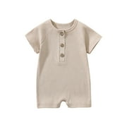 AJTQTH Summer Cotton Rib-Knitted Romper for Baby Infant Unisex Solid Crewneck Short-Sleeved Clothes Outfits Comfy Lightweight Jumpsuit Playsuit Bodysuit Onesie Beige 6-12 Months