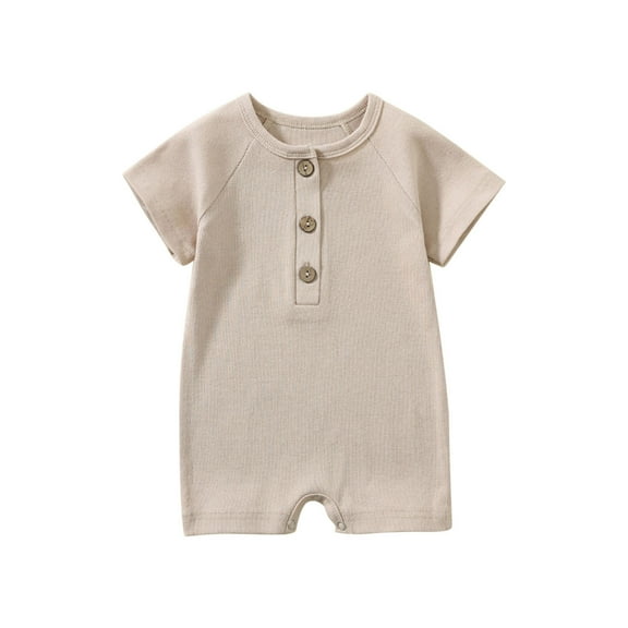 AJTQTH Summer Cotton Rib-Knitted Romper for Baby Infant Unisex Solid Crewneck Short-Sleeved Clothes Outfits Comfy Lightweight Jumpsuit Playsuit Bodysuit Onesie Beige 6-12 Months