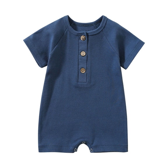 AJTQTH Summer Cotton Rib-Knitted Romper for Baby Infant Unisex Solid Crewneck Short-Sleeved Clothes Outfits Comfy Lightweight Jumpsuit Playsuit Bodysuit Onesie Navy 18-24 Months