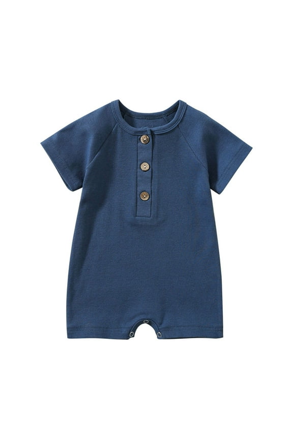 Summer Cotton Rib-Knitted Romper for Baby Infant Unisex Solid Crewneck Short-Sleeved Clothes Outfits Comfy Lightweight Jumpsuit Playsuit Bodysuit Onesie Navy 3-6 Months