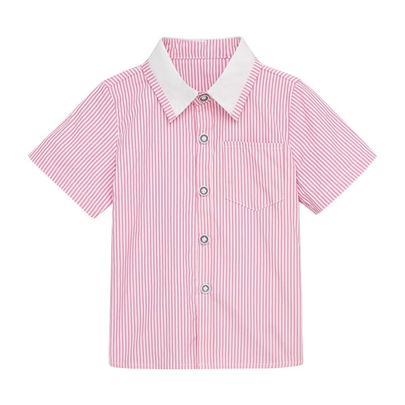 AJTQTH Summer Cotton Shirts for Kids Boys Girls Cute Lapel Contrast Collar Short Sleeve Casual Blouses Casual Stylish Striped Clothes Pink 5 Years