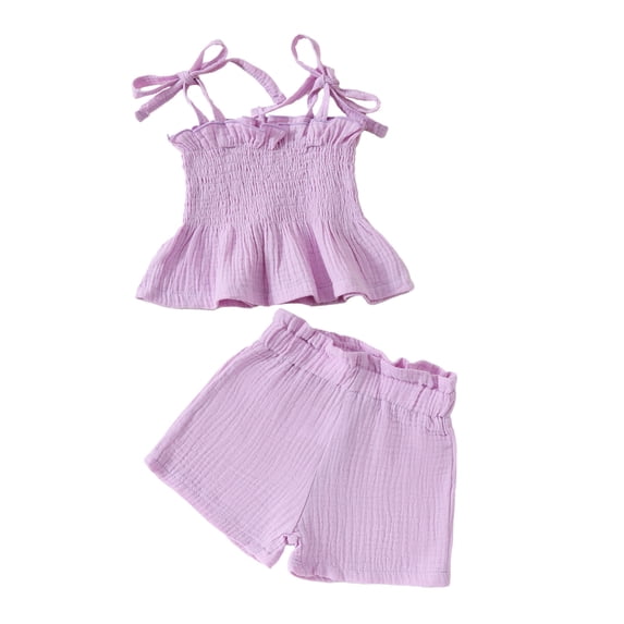 AJTQTH Summer Cute 2PC Set for Girls Toddler Baby Bowties Halter Ruffled Camisole Crop Top Solid Color Tees+Elastic-Waisted Shorts for Casual Home Sleep Purple 2 Years