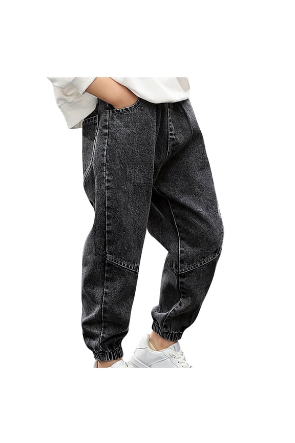 Summer and Fall Jeans for Boys Girls Unisex Casual Cute Solid Color Denim Pants with Pockets Elastic-Waisted Outfits School Outdoor Party Clothes Black 8 Years