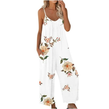 AJTQTH Summer Jumpsuit for Women Spaghetti Straps Scoop Neck Sleeveless Floral Print Flared Romper with Pockets Oversized Playsuit White#01 M