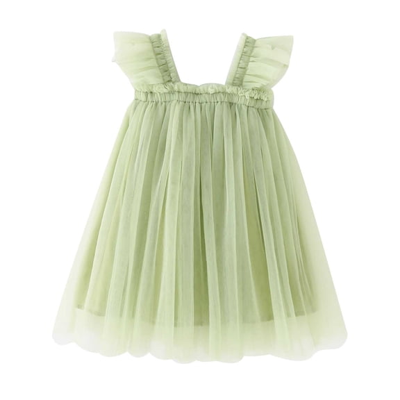 AJTQTH Summer Mesh Sundress for Toddler Baby Girls Cute Summer Solid Color Flying Sleeve Square Neck High Rise Princess Dress Flowy Layered Midi Dress Green 4-5Years