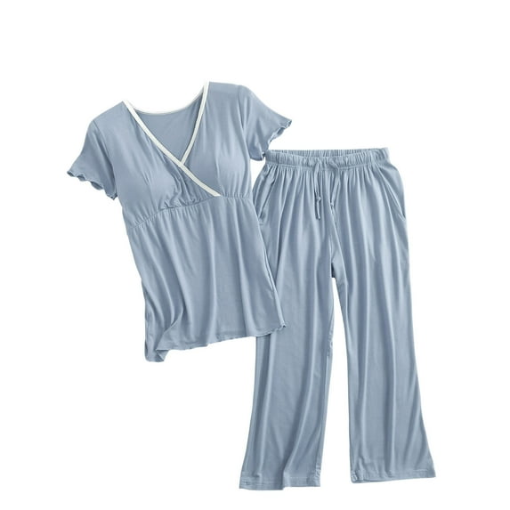 AJTQTH Summer Nursing Clothes Set for Women Oversized Solid Color Outfits Deep V-Neck Short-Sleeved Tops+Drawstring Straight-Leg Trousers Pregancy Homewear Blue XXL