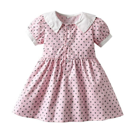 AJTQTH Summer Princess Dress for Girls Baby Doll Collar Cute Polka Dots Puff Sleeve High Rise Sundress Flowy A-Line Ruffled Gowns Frocks Outfits Pink 4 Years