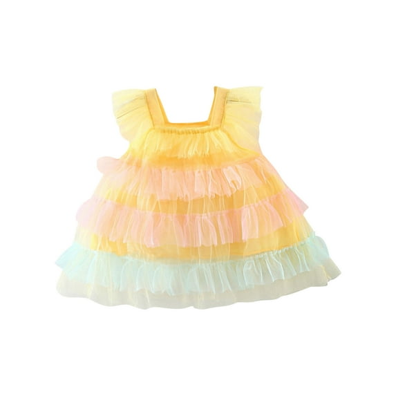 AJTQTH Summer Princess Dress for Girls Toddler Kids Flutter Sleeve Square Neck Tiered Layered Mesh Doll Dress Sundress Summer Casual Cute Gowns Frocks Yellow 3 Months