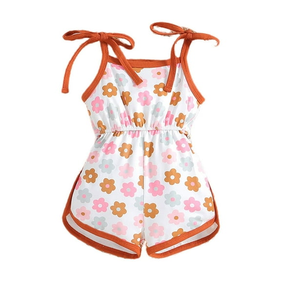 AJTQTH Summer Rompers for Baby Toddler Colorblocked Neckline Bowties Halters Jumpsuit Cute Floral Leaf Printed Bodysuit Unisex Square Neck High-Waisted Casual Onesie Orange 4 Years