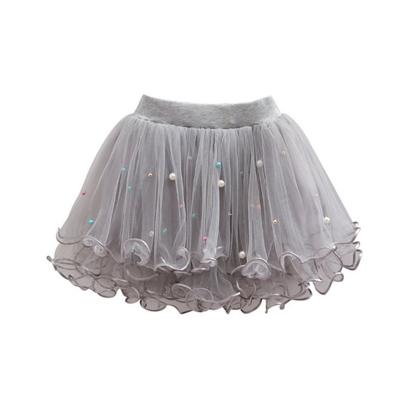 AJTQTH Summer Skirts for Girls Short Tunic Solid Color Skirts Mesh Ruffles Layered Mini Skirt with Artificial Pearls Accessories Gray 2Years
