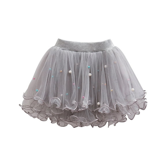 AJTQTH Summer Skirts for Girls Short Tunic Solid Color Skirts Mesh Ruffles Layered Mini Skirt with Artificial Pearls Accessories Gray 3Years