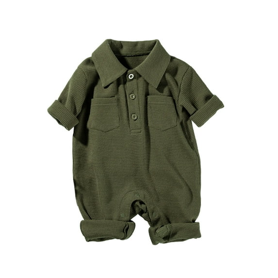 AJTQTH Summer Solid Color Romper for Baby Infant Toddler Unisex Turndown Neck Button Stylish Jumpsuit Knitted Comfy Lightweight Breathable Onesie Bodysuit with Pockets Army Green 6 Months