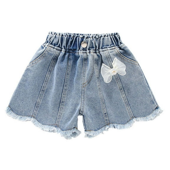 AJTQTH Summer Stylish Short Jeans for Girls Elastic-Waisted Straight Ruffled Hem-Frayed Denim Shorts with Little Bowties with Pockets for Party School Outdoor Holiday Blue 4-5 Years