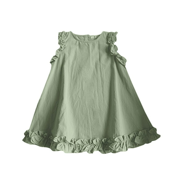 AJTQTH Summer Sundress for Girls Cute Ruffles Sleeveless A-Line Flowy Midi Dress Cotton Solid Color Round Neck Lightweight Gowns Green 5 Years