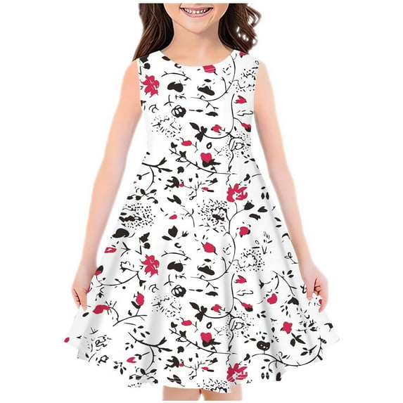 AJTQTH Sundress for Girls Crewneck Sleeveless Cute Floral Printed Gowns Tunic Slim Fit Frocks Stylish Ruffled Flowy Midi Dress Summer Casual Clothes for Party School White 9 Years