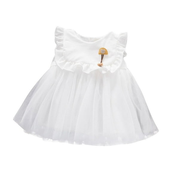 AJTQTH Sundress for Girls Cute Solid Color Ruffled Round Neck Sleeveless Gowns Mesh Layered Frocks Princess Dress with 3D Cartoon Appliques White 2 Years