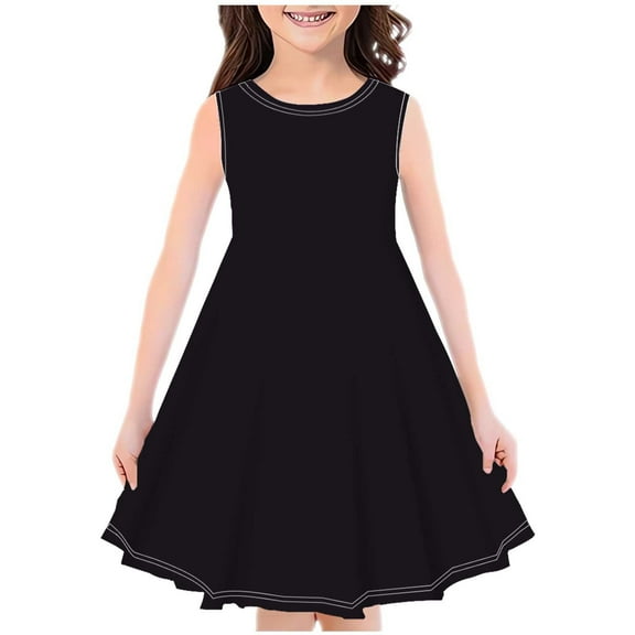 AJTQTH Sundress for Girls Cute Solid Color Tunic Slim Fit Flowy Midi DressCrewneck Sleeveless Gowns Stylish Frocks for Party School Summer Casual Black 9 Years