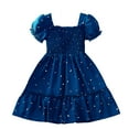 thumbnail image 1 of AJTQTH Sundress for Girls Cute U-Neck Puff Sleeve High-Waisted Midi Dress Polka Dots Flowy Tiered Long Dress Casual Gowns Toddler Kids Cotton Outfits Blue 5 Years, 1 of 3