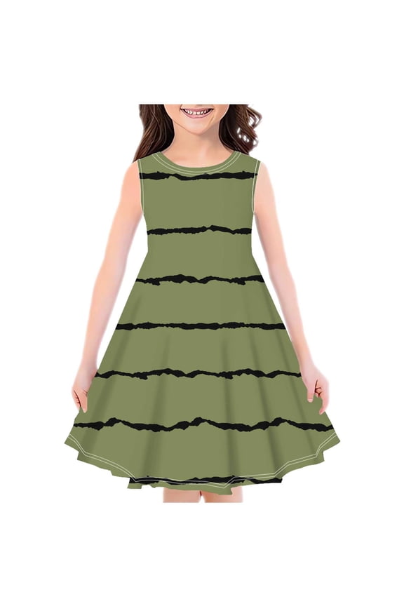 Sundress for Girls Round Neck Sleeveless Cute Striped Colorblocked Gowns Frocks Stylish Tunic Flowy Midi Dress Summer Casual Slim Fit Clothes for Party School Army Green 11 Years