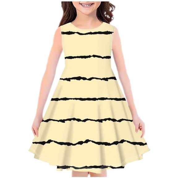 AJTQTH Sundress for Girls Round Neck Sleeveless Cute Striped Colorblocked Gowns Frocks Stylish Tunic Flowy Midi Dress Summer Casual Slim Fit Clothes for Party School Yellow#01 4 Years