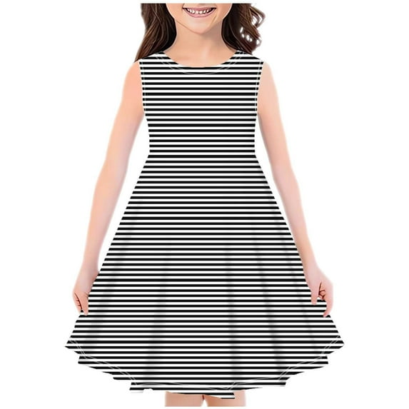 AJTQTH Sundress for Girls Round Neck Sleeveless Midi Dress Cute Striped Colorblocked Gowns Stylish Tunic Flowy Frocks Slim Fit Outfits for Party School Summer Casual Black 13 Years