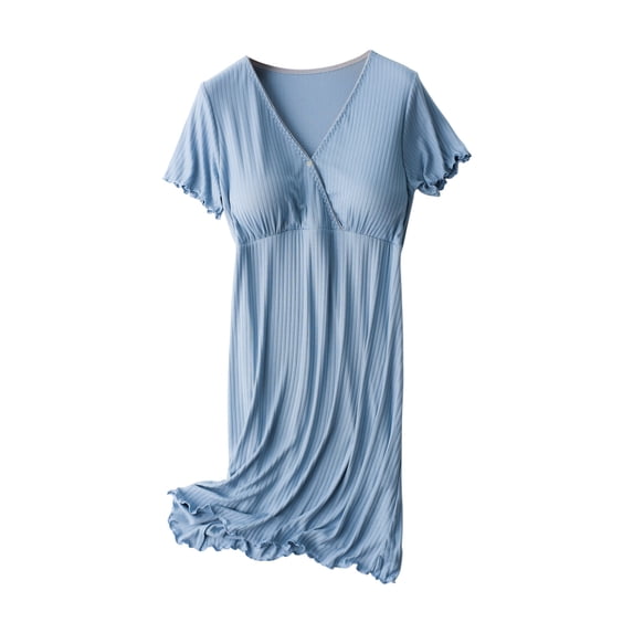 AJTQTH Sundress for Women V-Neck Ruffled Short-Sleeved Gowns Stylish Solid Color High-Waisted Flowy Maxi Dress Lightweight Frocks Pregnancy Clothes for Summer Casual Blue XXL