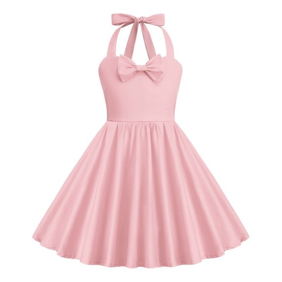 AJTQTH Sundress for Girls Halter Neck High-Waisted Gowns Cute Bowknot Solid Color Frocks Tunic Flowy Maxi Dress for Summer Casual Party Pink 6 Years
