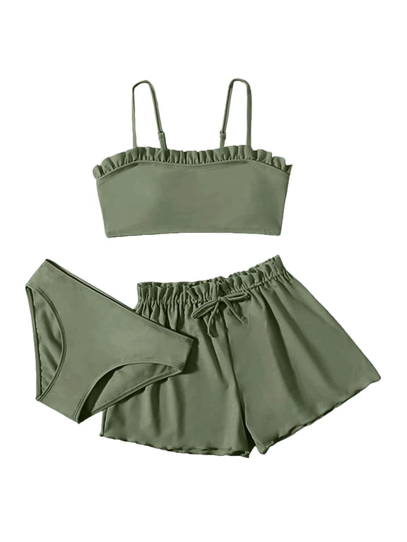 Swimsuit 2PC Set for Girls Rashguard Sun Protection Surfing Slim Fit Swimwear Cute Floral Print Long Sleeve Tops Skirt Style Trousers Pants for Comfy Beachwear Green 150