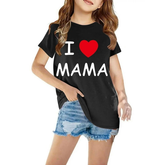 AJTQTH T-shirt for Girls Boys Cute I Love Mama Print Mother's Day Gift Summer Cozy Relaxed Fit Tees Short-Sleeved Round Neck Tops Shirts Blouse Holiday Clothes Outfits Black 5 Years