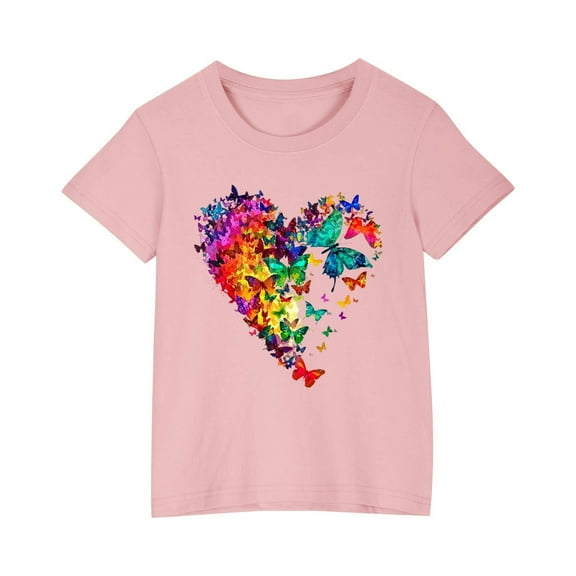 AJTQTH T-shirts for Kids Girls Boys Summer Cotton Love Graphic Ombre Color Butterfly Pattern Tees Short Sleeve Tops Round Neck Shirts Blouses Pink 7 Years