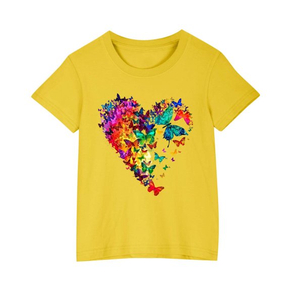 AJTQTH T-shirts for Kids Girls Boys Summer Cotton Love Graphic Ombre Color Butterfly Pattern Tees Short Sleeve Tops Round Neck Shirts Blouses Yellow 9 Years