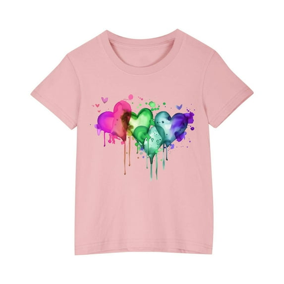 AJTQTH T-shirts for Kids Girls Boys Summer Comfy Cotton Clothes Short Sleeve Tops Round Neck Tees Love Print Cute Shirts Blouses Pink 7 Years