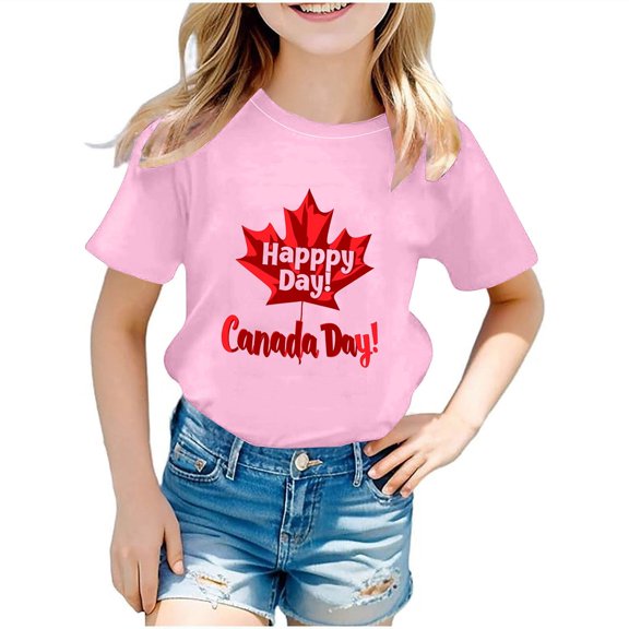 AJTQTH Tees for Girls Boys Unisex Canada Day Maple Novelty Printed Tshirts Summer Holiday Casual Short-Sleeve Crewneck Tops Shirts Blouses Gift Outfits Clothes Pink 3 Years