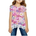 thumbnail image 1 of AJTQTH Tees for Girls Stylish Cute Floral Printed Tshirts Crewneck Short-Sleeved Tops Lace Patchwork Outfits Summer Casual School Holiday Clothes Pink 130, 1 of 4