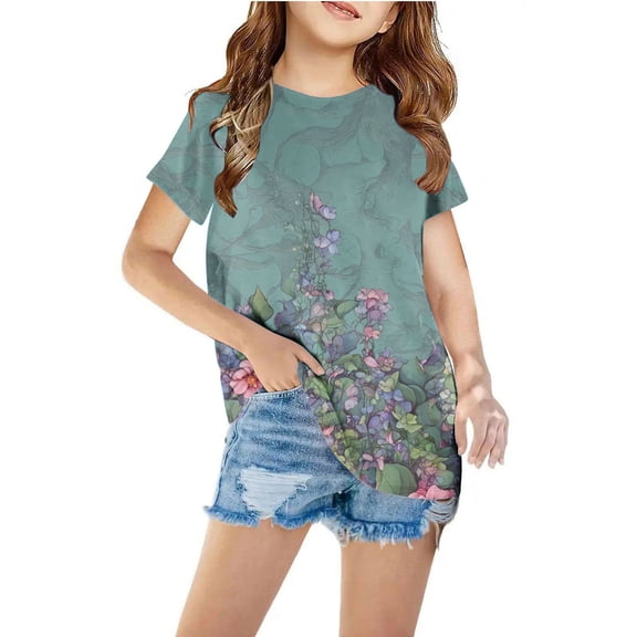 AJTQTH Tees for Girls Stylish Tie-Dye Tshirts Round Neck Short-Sleeved Slim Relaxed Fit Outfits Clothes for Summer Casual School Holiday Green 11 Years
