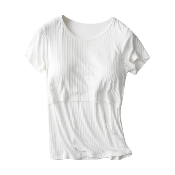 AJTQTH Tees for Women Breastfeeding Tshirts Stylish Crewneck Ruffles Short-Sleeved Tops Removable Pads Comfy Lightweight Maternity Blouses for Summer Casual White XXXL